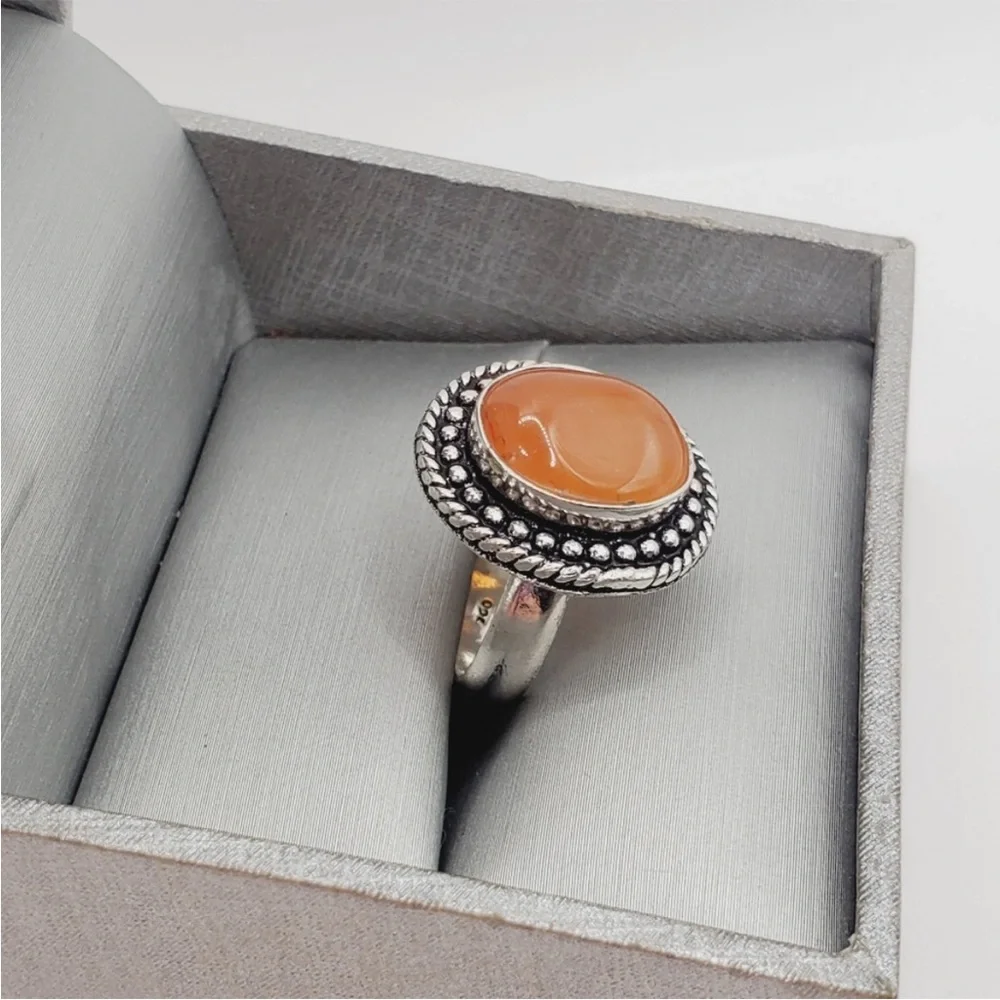 Genuine Bezel Set Orange Carnelian 925 Sterling Silver Ring